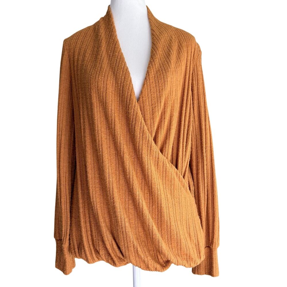 Maeve‎ Anthropologie Mustard Yellow Faux Wrap V-Neck Sweater Ribbed Knit Boho S